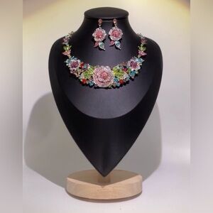 Floral Multicolor Rhinestone Necklace and Earring Set